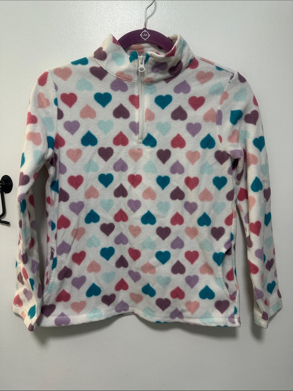 Place Girls' Fleece Quarter-Zip Pullover in White with Multicolor Hearts size L